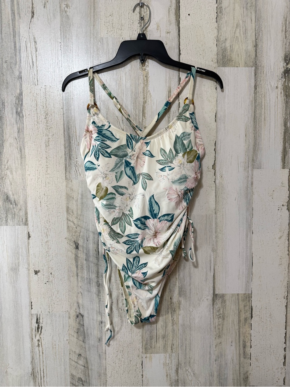 Cream Floral Ruched One-Piece Swimsuit with Teal Leaves